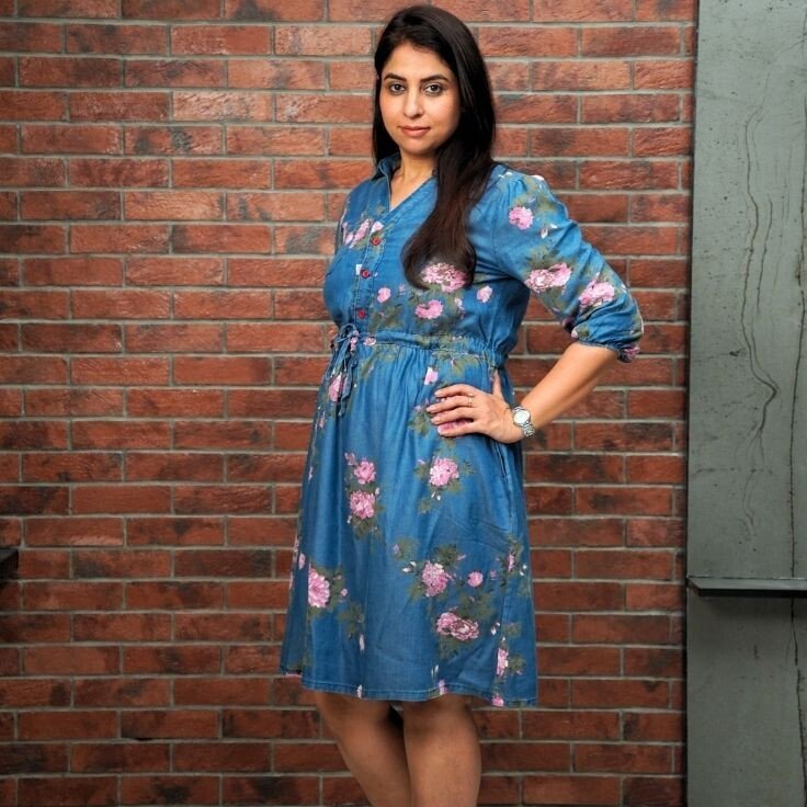 Blue Top-Dress with Pink Flower