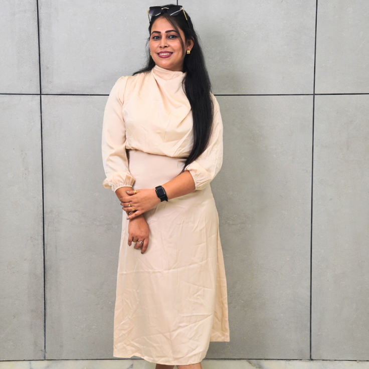 elegant nude high neck midi dress